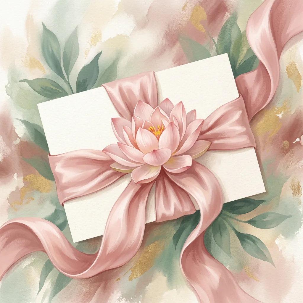 Gemalte Illustration: Geschenkkarte mit Seidenband und einer Lotusblüte, ohne Text und ohne Betrag im Bild