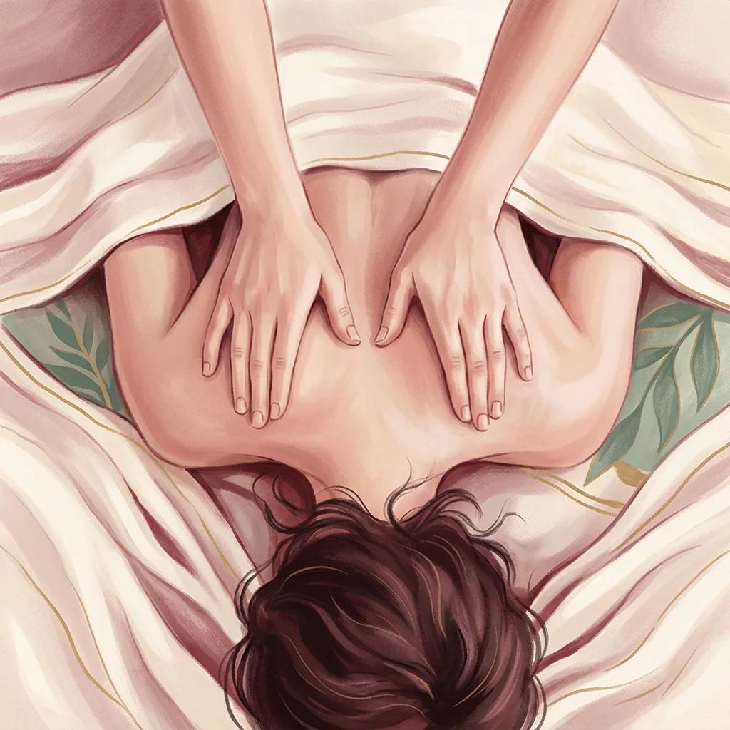 Gemalte Illustration: Hände drücken flach entlang des oberen Rückens, von oben gesehen