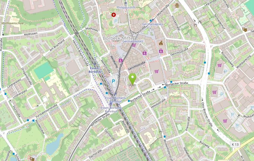 Kartenausschnitt: Wüstenhöferstraße 213 in Essen-Borbeck, Standort markiert